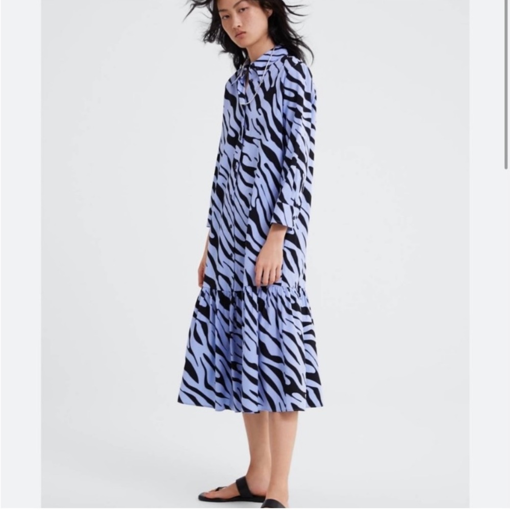 Zara Zebra Print Tiered Cotton Shirtdress, Size Small. Ganni dupe!